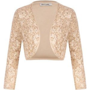 Women's 3/4 Sleeve Open Front Sequin Floral Lace Cropped Bolero Cardigan Shrug